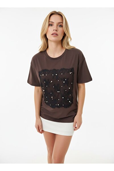 Noi Belis Lace Detailed Oversize Crew Neck Knitted T-Shirt Ss26Ts0042