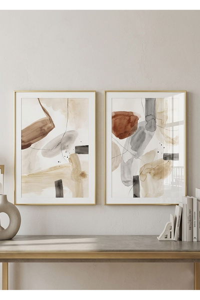 Linacci Gold Framed Set of 2 Abstract Watercolor Patterned Earth Tones Wall D...