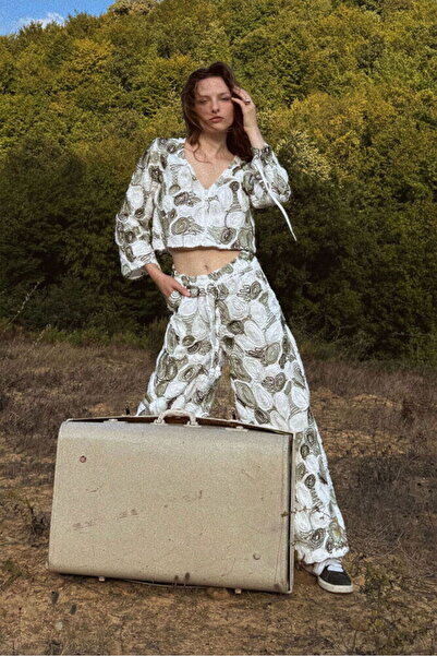 VERYMODA V-Neck Patterned Long Sleeve Blouse - Khaki |   F1965