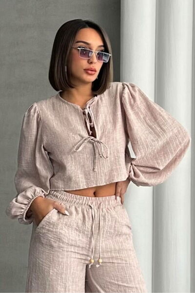VERYMODA Καφέ Ασημί Μπλούζα με Λάμψη και Ρίγες με Δέσιμο Μπροστά |   F1804 - ...