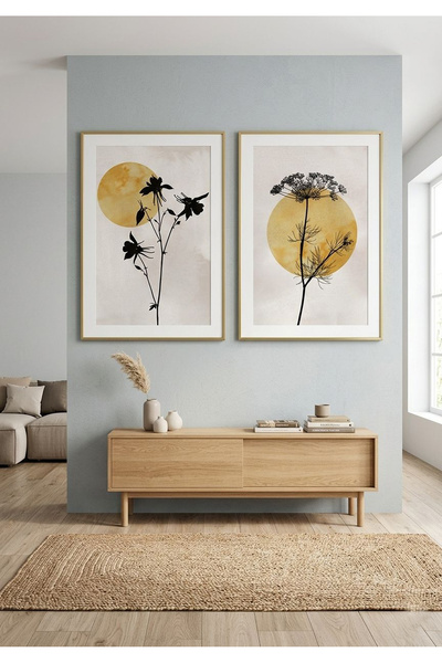 Linacci Set of 2 Gold Metal Framed Yellow Sun and Botanical Silhouette Design...