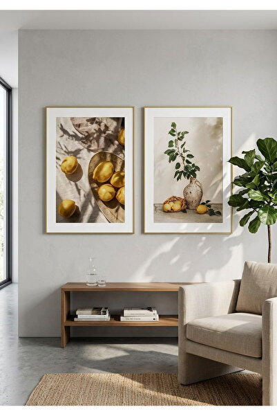 Linacci Gold Metal Framed 2-Piece Lemon and Still Life Modern Kitchen and Liv...