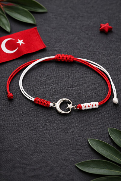 Crystal Atelier White Red Moon Star Fan Bracelet Turkish Flag Macrame Rope Ad...