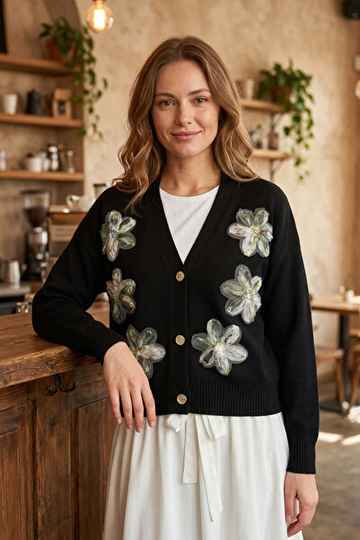 FERHEL Women's Front Sequined Floral Detailed Knitwear Midi Cardigan - Black