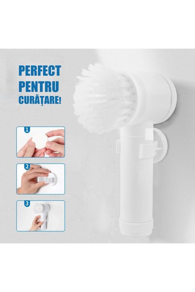 TRUE MARK - Perie Electrică Rotativă Baie, Mâner Telescopic, 180°, Capete Interschimbabile, Alb