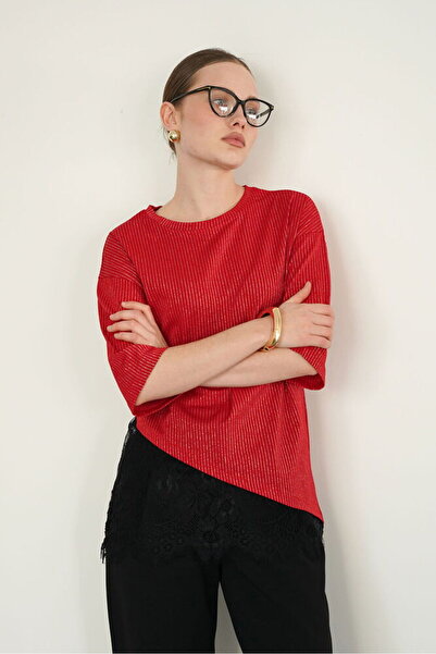 VERYMODA D 2985 Lace-Detail Striped T-Shirt - Red |   D2985