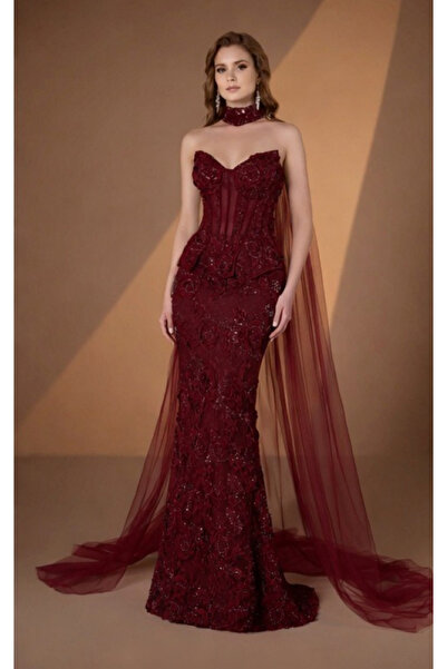 ALİN KORSAJ VE İŞLEME DETAYLI BALIK KESİM YAKA İLAVELİ UZUN ŞIK ELBİSE