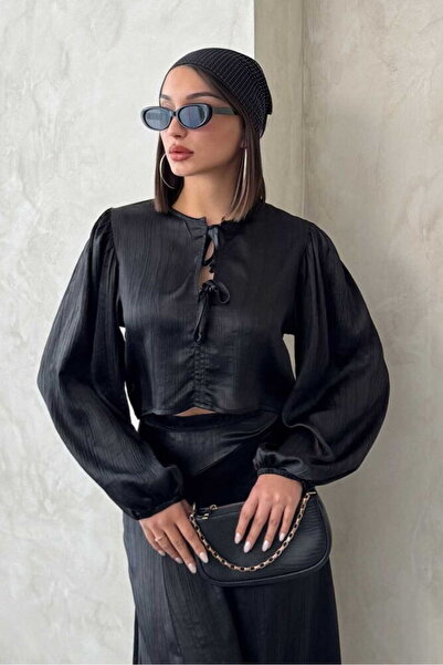 VERYMODA Kraşlı Satin Front-Tie Blouse - Black |   F1916