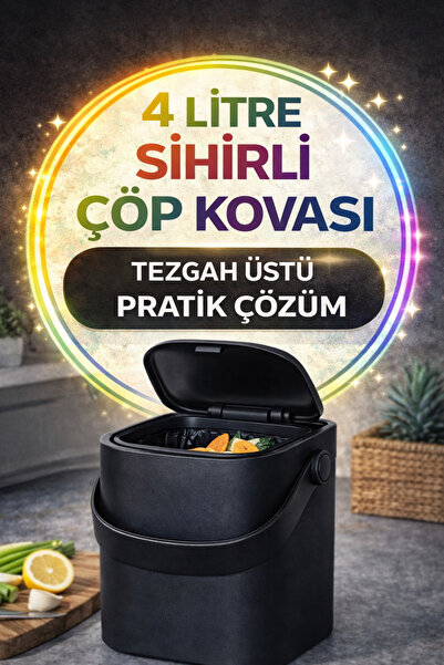 Open Home Concept Siyah Akıllı Kapaklı Tezgah Üstü Çöp Kovası İç Kovalı Tutma...