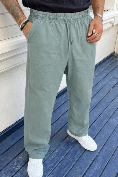 DAMGA JEANS Ανδρικό λινό παντελόνι με ψηλή μέση και ελαστική λάστιχα σε σκούρ...