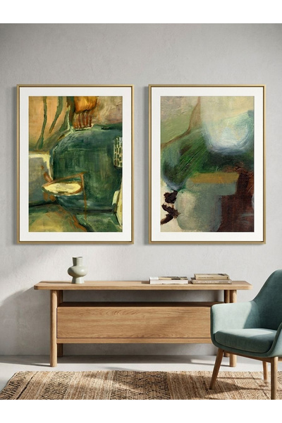 Linacci Set of 2 Abstract Green and Brown Tones Modern Paintings with Gold Me...