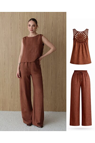 LOKADI Set de bluză fără mâneci cu dantelă brodată și pantaloni largi pentru ...