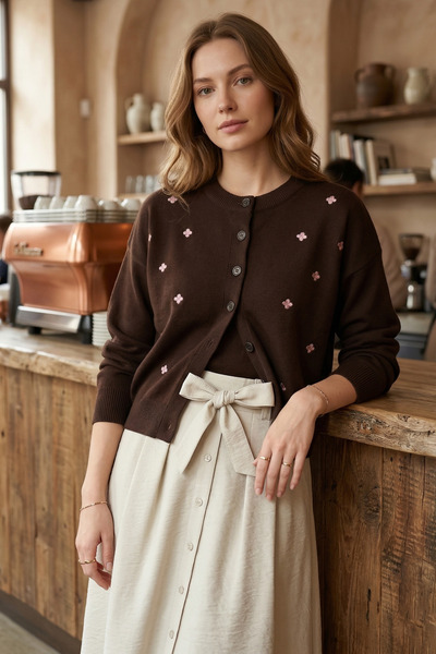 FERHEL Women's Floral Embroidery Detailed Buttoned Knitwear Cardigan - Dark B...