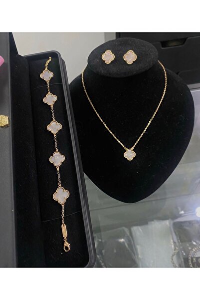 DELLS ACCESSORY Yonca Model Marka Beyaz Gold Bileklik Kolye Küpe Seti (YONCA ...