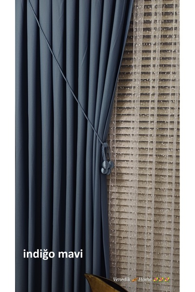 venedik home K.İndiğo Blue Color Milas Linen Background Curtain 1X3 with Dens...