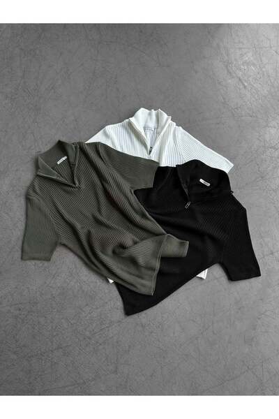 elkumoda Ανδρικό Premium Ριμπάνεζ Μπλουζάκι με Μισό Φερμουάρ, Κοντό Μανίκι, Π...