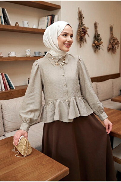 MODAQU Stone Button Detailed Flounce Modal Shirt Blouse - Beige