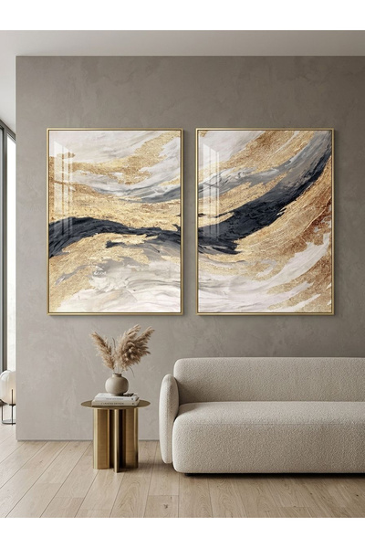 Linacci Luxury Gold Metal Framed 2-Piece Abstract Golden Wavy Living Room Gla...