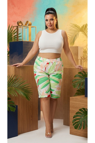 Trieste Large Size Elastic High Waist Patterned Loose Cut Pocketed Cotton Wom...