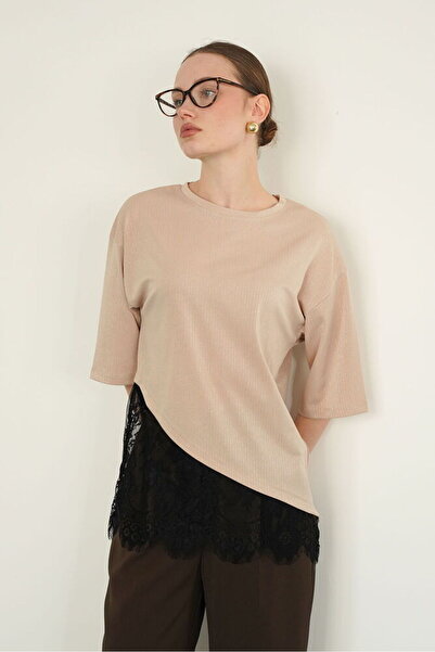 VERYMODA D 2985 Lace-Detail Striped T-Shirt - Stone |   D2985