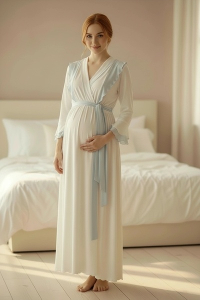 Lohusa Dünyasi Women's Blue Shawl Collar 2-Piece Maternity Nightgown and Dres...