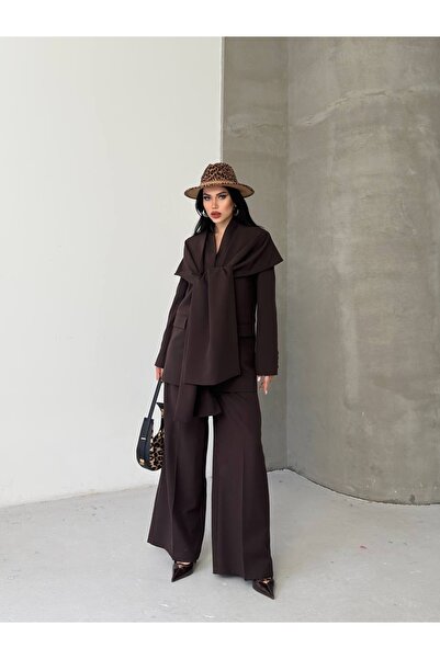 Celiora Women's Shawl Detailed Blazer Jacket and Wide-Legged Trousers Two-Pie...