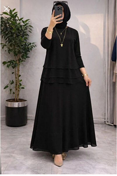 DEFNECE BUTİK Chiffon Detailed Skirt Suit - Black