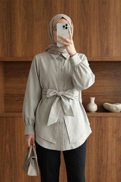 MODAQU Self-Tied Belted Buttoned Poplin Tunic - Stone
