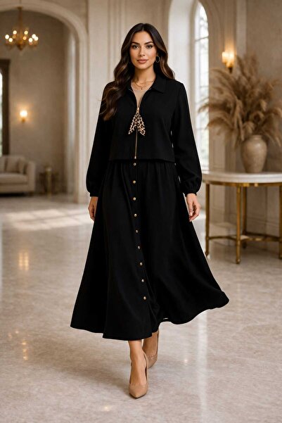 MissPul Double Crepe Zippered Skirt Blouse Set