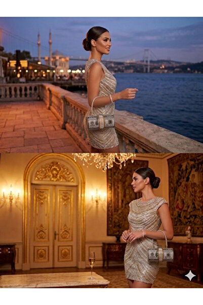 Women's Silver Gemstone Dollar Design Cylinder Handbag Crystal Beaded Luxury Evening Dresses Portfolio Bag