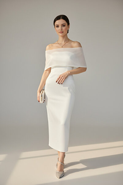 ENDAMIM Strapless Madonna Collar Midi Wedding Dress with Slit Pencil Evening ...