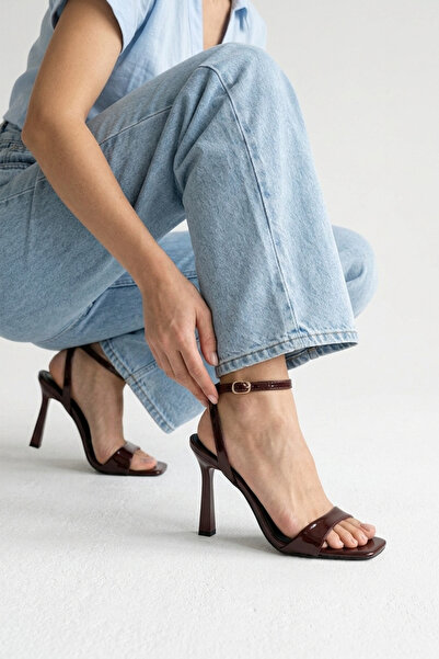 PİMORA Burgundy Patent Leather Square Toe Piece 11 cm Thin Heel B Ankle-Tie S...