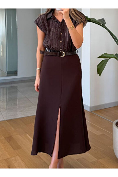 Qualia Butik Kadın Gömlek Üstlü Yırtmaçlı Kemerli Elbise