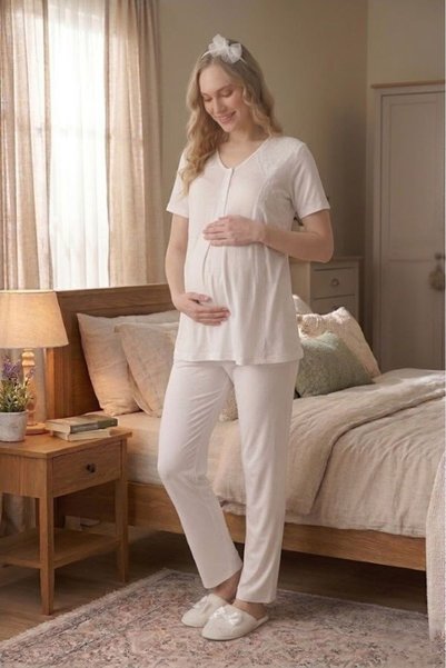 LOHOUSE Women's Jacquard Shawl Collar Lace 3-Piece Maternity Pajama Set with Dressing Gown