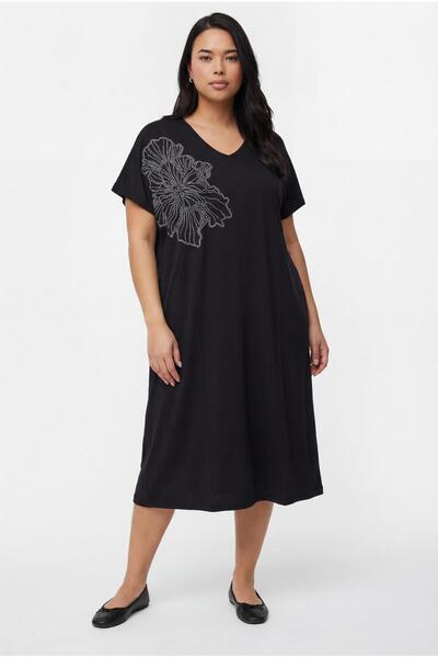 Ebsumu Women's Plus Size Digital Stone Printed V-Neck Midi Knitted Black Dress