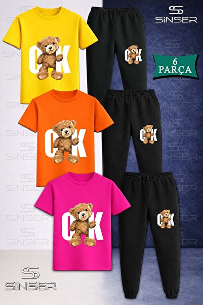 SS SİNSER Children's Unisex Bear White Printed 3-Piece T-Shirt Tracksuit Set