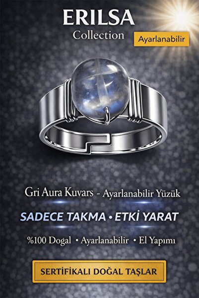 Erilsa Certified Grey Aura Quartz Ring Natural Gemstone Adjustable Handmade M...