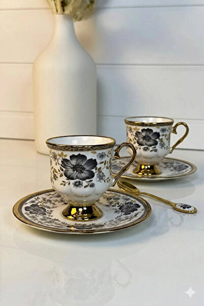 Ela&Elis Gold Gilded Footed Turkish Coffee Cup 90 Cc-2 Person (3 Colors)