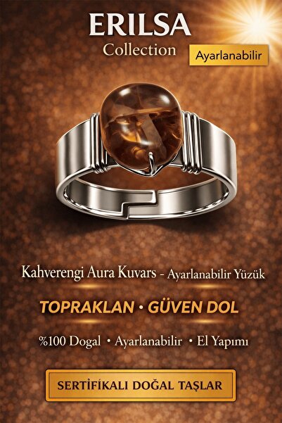 Erilsa Certified Brown Aura Quartz Ring Natural Stone Adjustable Handmade Sty...