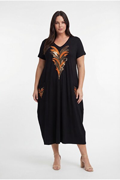 Ebsumu Women's Plus Size Embroidered Comfortable Fit Knitted Black Dress