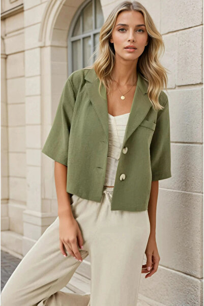 Paldeo Kadın Haki Kısa Kollu Şal Yaka Düğmeli Mevsimlik Keten Ayrobin Ceket P...