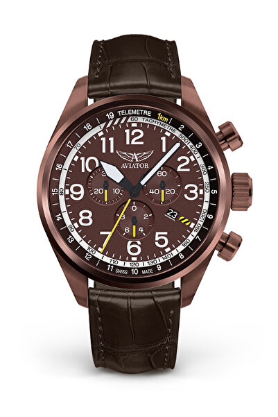 AVIATOR V.2.25.8.172.4 ساعة يد رجالية بحزام جلدي بني 45 ملم زجاج ياقوتي مقاوم...
