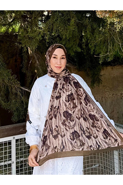 MetuCA Women's Dark Brown Floral Patterned Soft Textured Cotton Bamboo Shawl