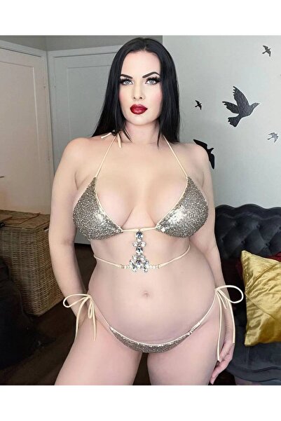 ŞAHPERA BUTİK Χρυσό μπικίνι με πούλπετες και πέτρες