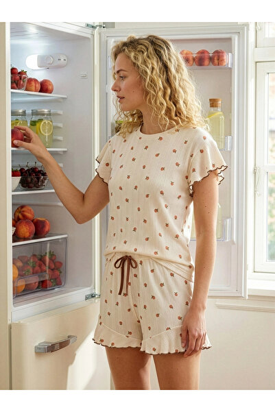 Pijamoni Women's Cotton Ribbed Fabric Printed Shorts Beige Pajama Set