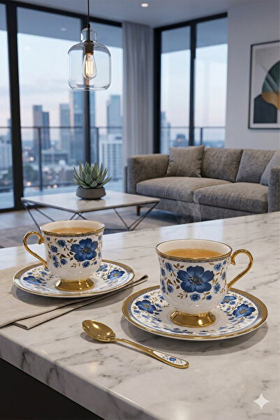 Ela&Elis Gold Gilded Footed Turkish Coffee Cup 90 Cc-2 Person (3 Colors)