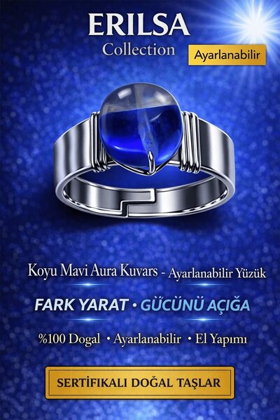 Erilsa Certified Dark Blue Aura Quartz Ring Natural Gemstone Adjustable Handm...