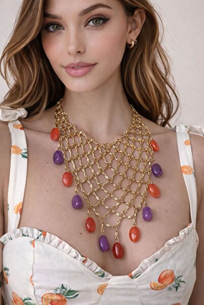 Unzilee Women's Gold Mesh Necklace – Large, Showy Necklace with Colorful Ston...