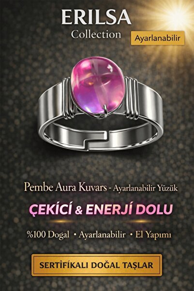 Erilsa Certified Pink Aura Quartz Ring Natural Gemstone Adjustable Handmade S...