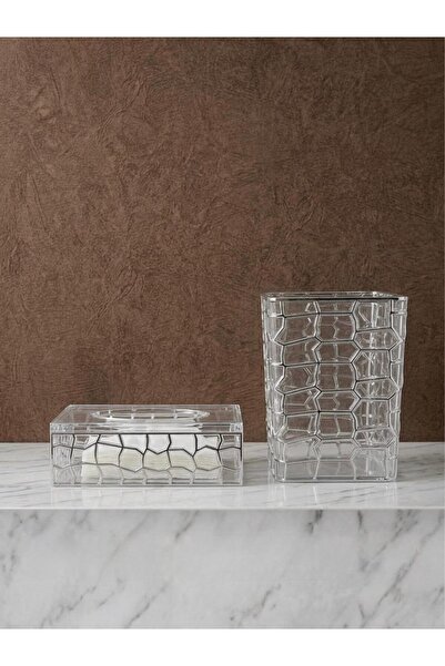 Noor طقم سله وعلبة منديل بنقشه هندسيه لون فضي